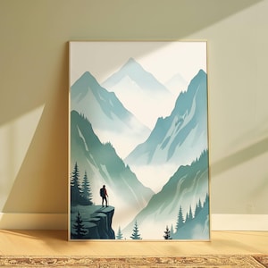 Impresión de acuarela para pared: Aventura en las Montañas Blue Ridge, póster de paisaje de Carolina del Norte, excursionista en picos nevados, descarga digital instantánea