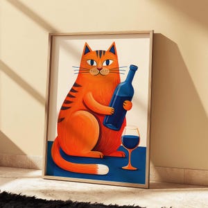 Retro Orange Tabby Cat Wine Print: Mid-Century Modern Kitchen Art (Digital Download)