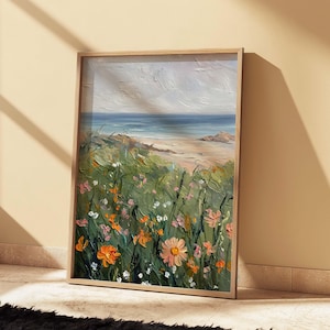 Coastal Wildflower Meadow Art Print, Impressionist Beach Painting, Vintage Seascape Digital Poster, Textured Ocean Wall Decor