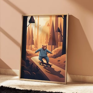 Wunderliche Skateboard Bär digitale Wandkunst, spielerische Kinderzimmer & Kinderzimmer Dekor, druckbare Spaß Wandkunst sofortiger Download