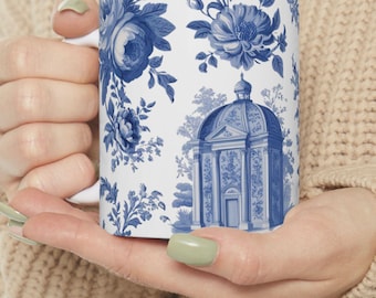 French Floral  Blue Toile Ceramic Mug - Vintage Blue Design, Coffee Cup, Tea Mug, Kitchen Decor, Gift for Mom Her, Housewarming Mothers Day