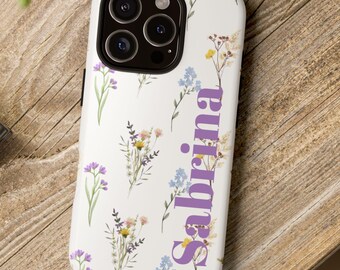 Personalized Wildflower Tough Cases for Nature Lovers, Customizable Phone Cover, iPhone 16 15 14 13 12 11 Pro Max Plus Mini X XR XS 8