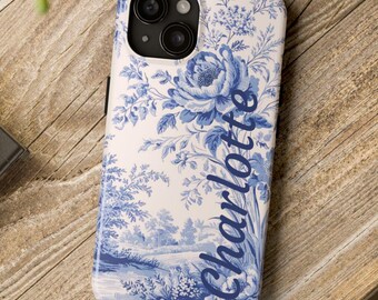 Personalized French Blue Toile Phone Case - Customizable Tough Shell, iPhone 16 15 14 13 12 11 Pro Max Plus Mini X Samsung Galaxy