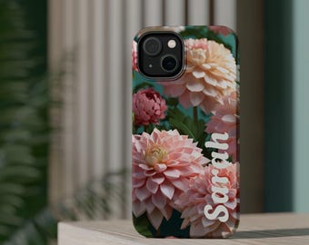 Dahlia Magnetic Personalizable Tough Case, Custom Phone Cover, Floral Design, Unique Gift for Her iPhone 16 15 14 13 Pro Max Plus Mini