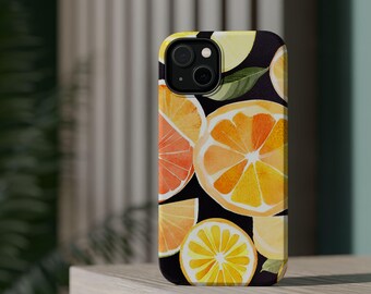 Personalizable Citrus MagSafeTough Case Black, Custom Phone Cover, Citrus Design, Unique Gift for Her iPhone 16 15 14 13 Pro Max Plus Mini