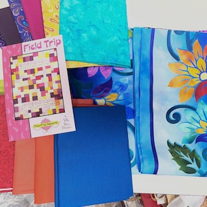 Può includere: Una collezione di campioni di tessuto assortiti in vari colori tra cui blu, arancione, rosso, verde, giallo e viola, insieme a un libretto di modelli per trapunte Field Trip di Villa Rosa Designs con un design a griglia colorato.