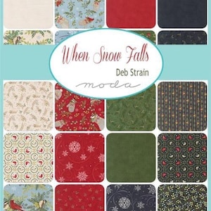 May include: A fabric swatch collection titled When Snow Falls by Deb Strain for moda, featuring sixteen square patterns with winter themes including red cardinals, snowflakes, mittens, pine branches, and berries in red, green, blue, and cream.