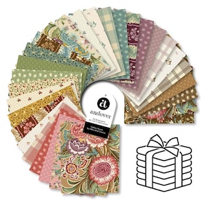 May include: A collection of 30 fat quarter fabric pieces arranged in a fan shape, featuring various floral, plaid, and geometric patterns in shades of pink, green, brown, and cream. A tag reads Andover 30 fat quarters 46 cm by 56 cm.
