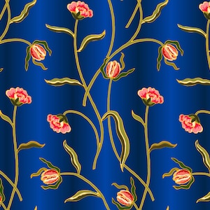May include: A seamless pattern featuring stylized flowers and vines against a deep blue background. The flowers are pink and red with yellow centers, and the vines and leaves are green and yellow. The design is repeated across the surface.
