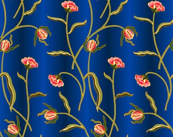 Prussian Blue Floral Fabric - 1849 Reproduction, 1 Yard
