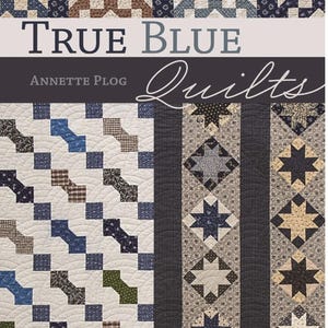 Pode incluir: Capa do livro "True Blue Quilts" de Annette Plog. Apresenta vários padrões de blocos de colcha em tons de azul, castanho e creme. O título é exibido em destaque, com o subtítulo "Sew 15 Reproduction Quilts Honoring 19th-Century Designs."