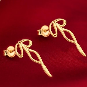 Gold Coquette Bow Drop Earrings, Dainty Bow Stud Earrings, Ribbon Bowtie Stacking Studs, Hypoallergenic Earrings, Gift For Her, Gift For Mom