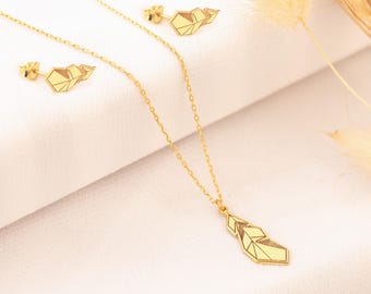 Delicato set di collana e orecchini con piume in oro 14 carati: gioielli in argento sterling