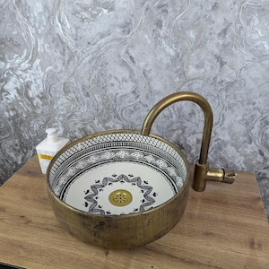 Handmade Moroccan Ceramic Vessel Sink: Brass Salon Wash Basin