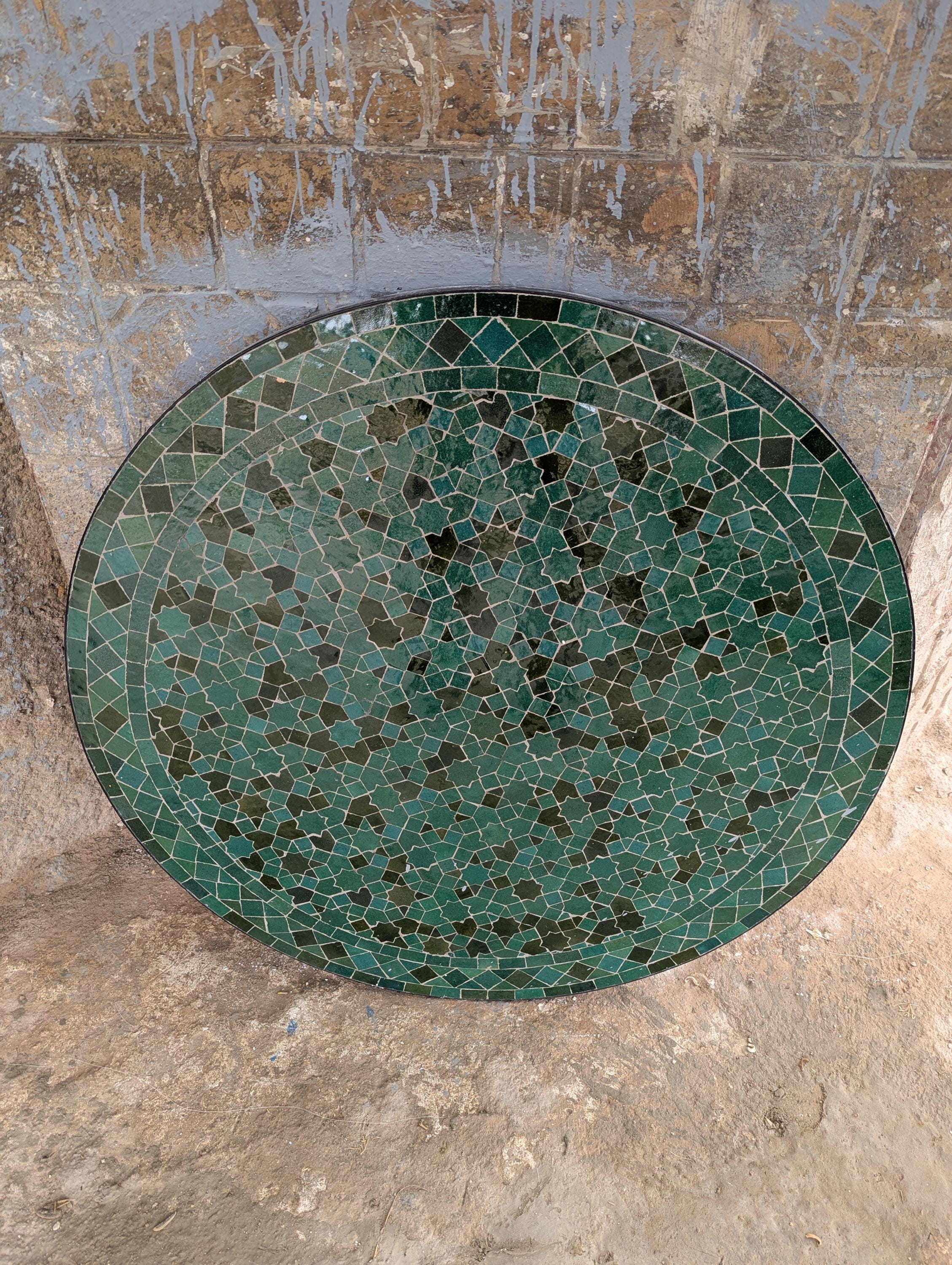 Green Moroccan Zellige Mosaic Table Top: Handmade Ceramic Tile