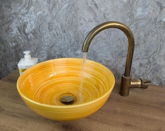 Lavabo de cerámica marroquí amarillo: Lavabo redondo hecho a mano