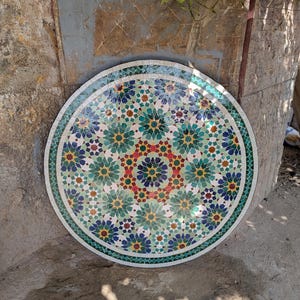 Handcrafted  Round Caffee Moroccan Ceramic TableTop, Exquisite Moroccan Zellige Mosaic Tile Tabletop  for Indoor & Outdoor