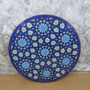 Rustic Mixte Blue Round Caffee Moroccan Ceramic TableTop, Exquisite Moroccan Zellige Mosaic Tile Tabletop  for Indoor & Outdoor
