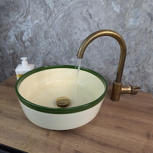 Handmade ceramic Green Edge Wash Basin, Lovely Moroccan Ceramic Bowl, Handcrafted Counter Top Sink, Bathroom Round Modern Ceramic Sink