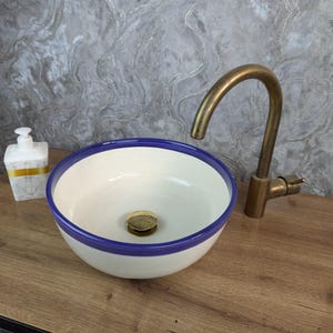 Handmade ceramic Blue Edge Wash Basin, Lovely Moroccan Ceramic Bowl, Handcrafted Counter Top Sink, Bathroom Round Modern Ceramic Sink