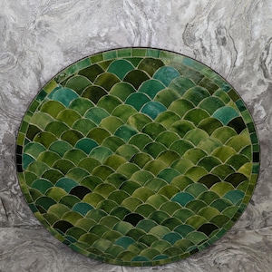 Mixte Emerald Green Round Caffee Moroccan Ceramic Table Top, Exquisite Moroccan Zellige Mosaic Tile Tabletop  for Indoor & Outdoor Design