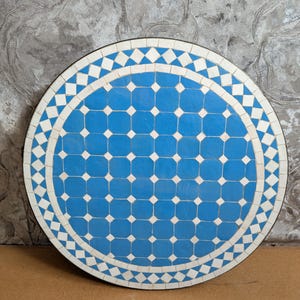 Round Caffee Moroccan Ceramic Table Top, Exquisite Royal Turquoize and white Moroccan Zellige Mosaic Tile Tabletop  for Indoor & Outdoor