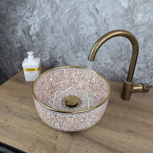 Handmade Moroccan Ceramic Sink: Pink Floral 14k Gold Accents