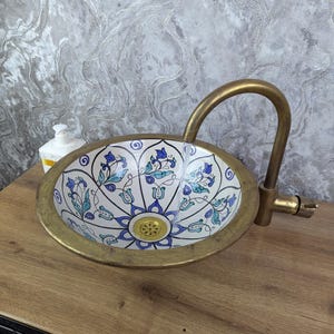 Hand-Painted Moroccan Ceramic Sink: Brass Countertop Basin