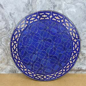 Royal Blue Round Caffee Moroccan Ceramic TableTop, Exquisite Graved Moroccan Zellige Mosaic Tile Tabletop  for Indoor & Outdoor