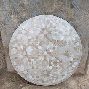 Rustic Beige Round Caffee Moroccan Ceramic TableTop, Exquisite Moroccan Zellige Mosaic Tile Tabletop  for Indoor & Outdoor