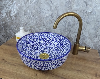 Handmade Moroccan Ceramic Sink: Blue Floral Wash Basin