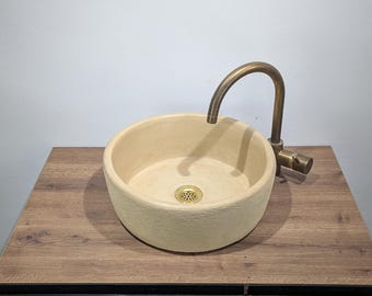 16'' Artisan Round Rustic Vessel Sink made of Natural Clay Moroccan Tadelakt Vessel
