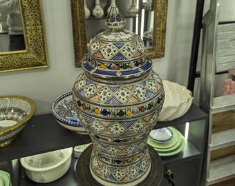 Luxury HandCrafted Moroccan Ceramic Jar with Silver Inlays-Moroccan Inlaid Jar-Lidded Pottery Jar-Moorish Elegant Ceramic Jar