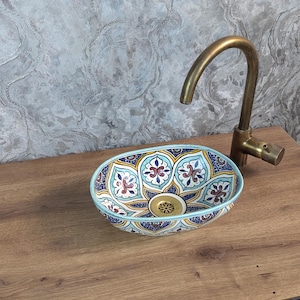 Hand-Painted Moroccan Ceramic Sink: Oval Bathroom Vessel Basin