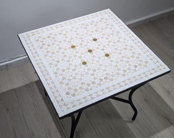 beige&white Handcrafted Moroccan Zellige Mosaic Table: Square Caffee Ceramic Table with 14k Stars