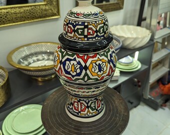 Handmade Moroccan Ceramic Jar: Elegant Hand-Painted Pottery