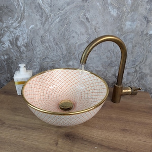 Handmade Moroccan Ceramic Sink: Pink Fish Scale Pattern, 14k Gold Detail