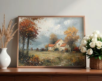 Fall Cottage Art Print, Autumn Farmhouse PRINTABLE Wall Art, Cozy Rustic Fall Painting, Vintage Country Style Home Decor, Digital Download