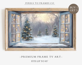 Snowy Window Christmas Frame TV Art, Snowy Evergreen Forest Painting, Digital Download, Winter Landscape Screensaver, Samsung Frame TV Decor