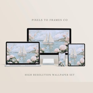 May include: A digital wallpaper set displayed on a desktop monitor, a laptop, a tablet, and a smartphone. The screens feature an impressionistic painting of a sailboat on calm water surrounded by soft pink flowers. Text reads PIXELS TO FRAMES CO.