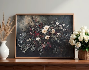 Vintage vinterblommig jultryck, botanisk blommålning för högtider, mörk stämningsfull juldekor, vintergröna bär botaniska