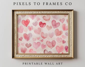 Romantische Herzen Aquarell Druck, rosa-rote Herzen Malerei, feminine Pastell Kunst, spielerische Valentinstag Dekoration, Liebes-Themen druckbare Dekoration