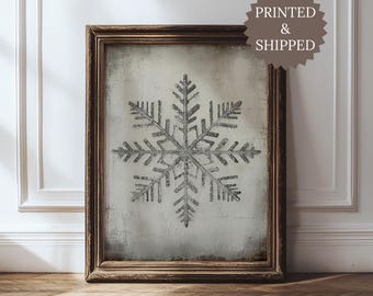 Snowflake Wall Art UNFRAMED  Print, Vintage Moody Christmas Painting, Cozy Cottage Winter Décor, Dark Festive Holiday Wall Art, MAILED PRINT