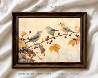 Autumn Birds Printable Wall Art, Vintage Fall Bird Painting, Berry Branch Botanical Decor, Digital Download
