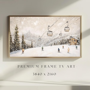Peut inclure: Une impression d'art encadrée représente une scène de pente de ski enneigée. Des skieurs sont sur la pente, et un télésiège avec des télécabines monte la montagne. L'œuvre d'art a une palette de couleurs neutres avec un cadre en bois. Le texte en bas indique "- PREMIUM FRAME TV ART - 3840 x 2160."