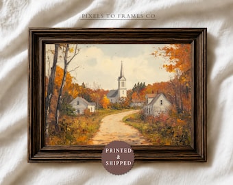 Fall Autumn Church UNFRAMED Wall Art Print, Vintage Country Village Landscape, Rustic Farmhouse Fall, Impressionist Decor, PRINTED & SHIPPED