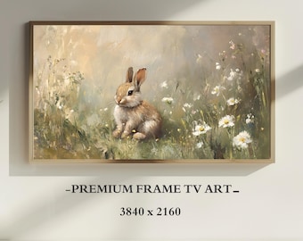 Easter Bunny Samsung Frame TV Art, Vintage Style Wildflower Field Painting, Neutral Nursery Décor, Rabbit Screensaver, Digital Download