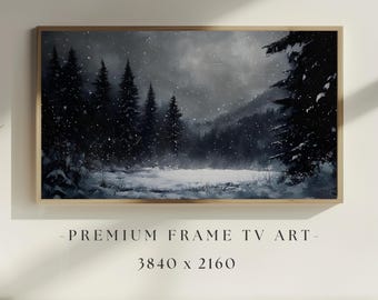Dark Vintage Winter Frame Tv Art, Vintage Winter Landscape Frame Tv Art, Vintage Winter Night Holiday Painting, Evergreen Tree Screensaver