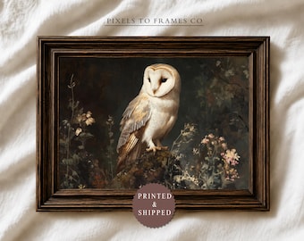 Moody Vintage Owl UNFRAMED Wall Art Print, Dark Fall Botanical Printable Wall Art, Dark Academia Painting, PRINTED & SHIPPED