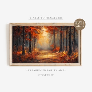 Può includere: Un display d'arte digitale rettangolare per televisione con un dipinto a olio di un sentiero boschivo autunnale con fogliame arancione e rosso, tronchi scuri e una luce brillante. Testo: PIXELS TO FRAMES CO e FITS UP TO 85".